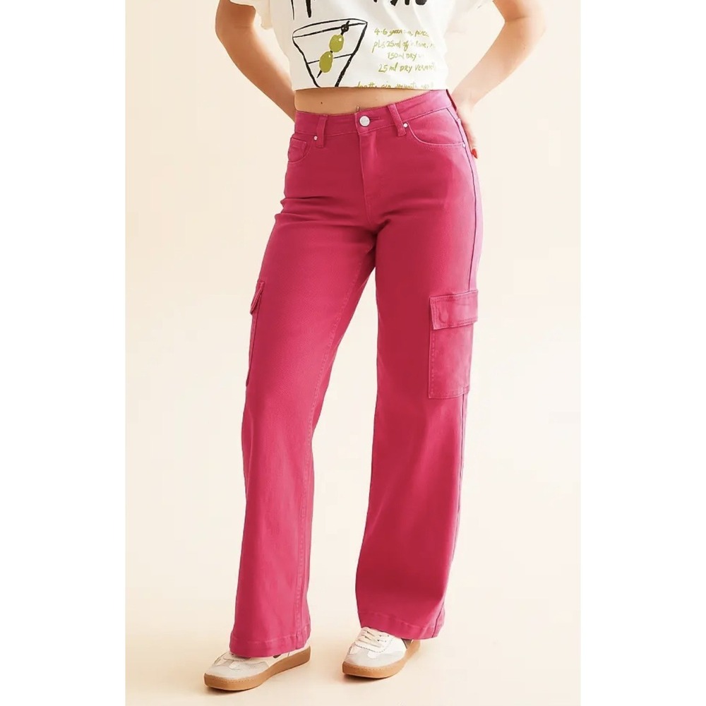 Risen Jeans Women's 13/31 Fuchsia Pink Wide Leg Cargo Utility Stretch Denim